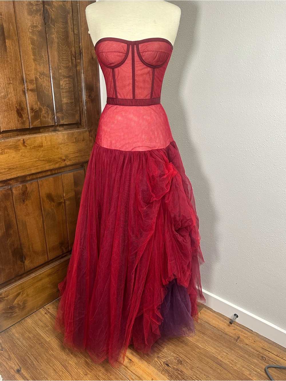 Bach Mai Strapless Red Tulle Corset Gown